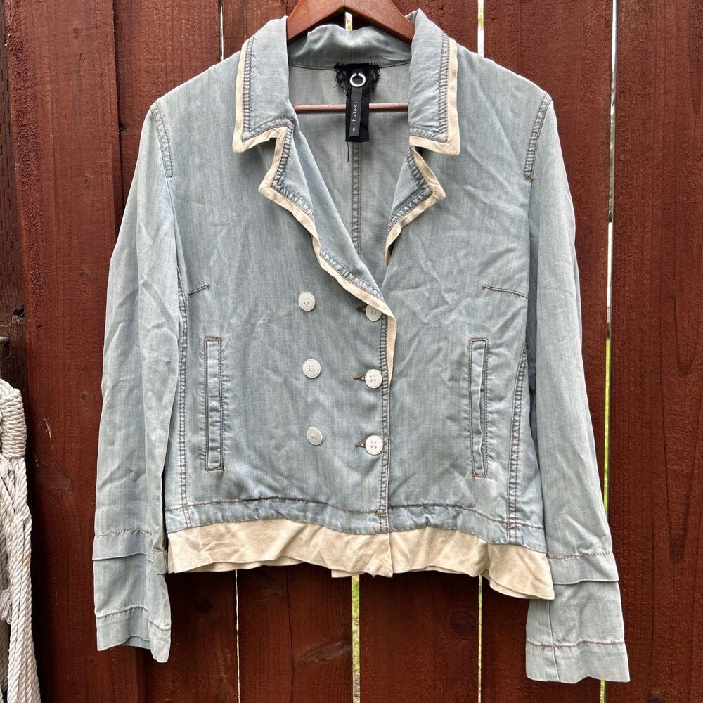 Poleci Blouse Size 8 Blue Tencel Layered Button Front Made In USA Cream